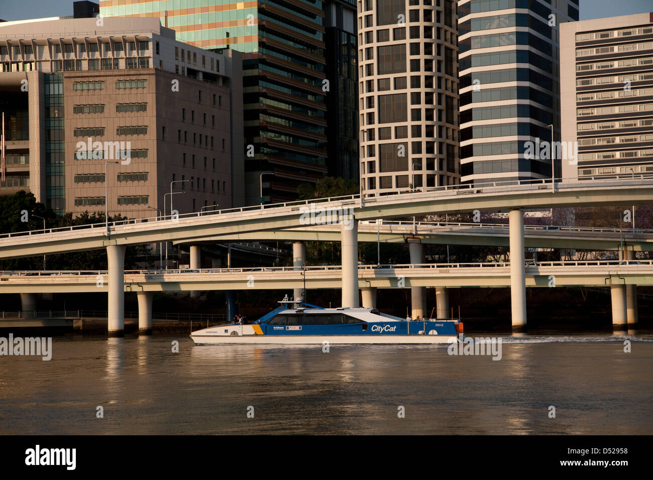 Brisbane River Ferry Citycat passing Brisbane CBD Queensland Australia. Stock Photo