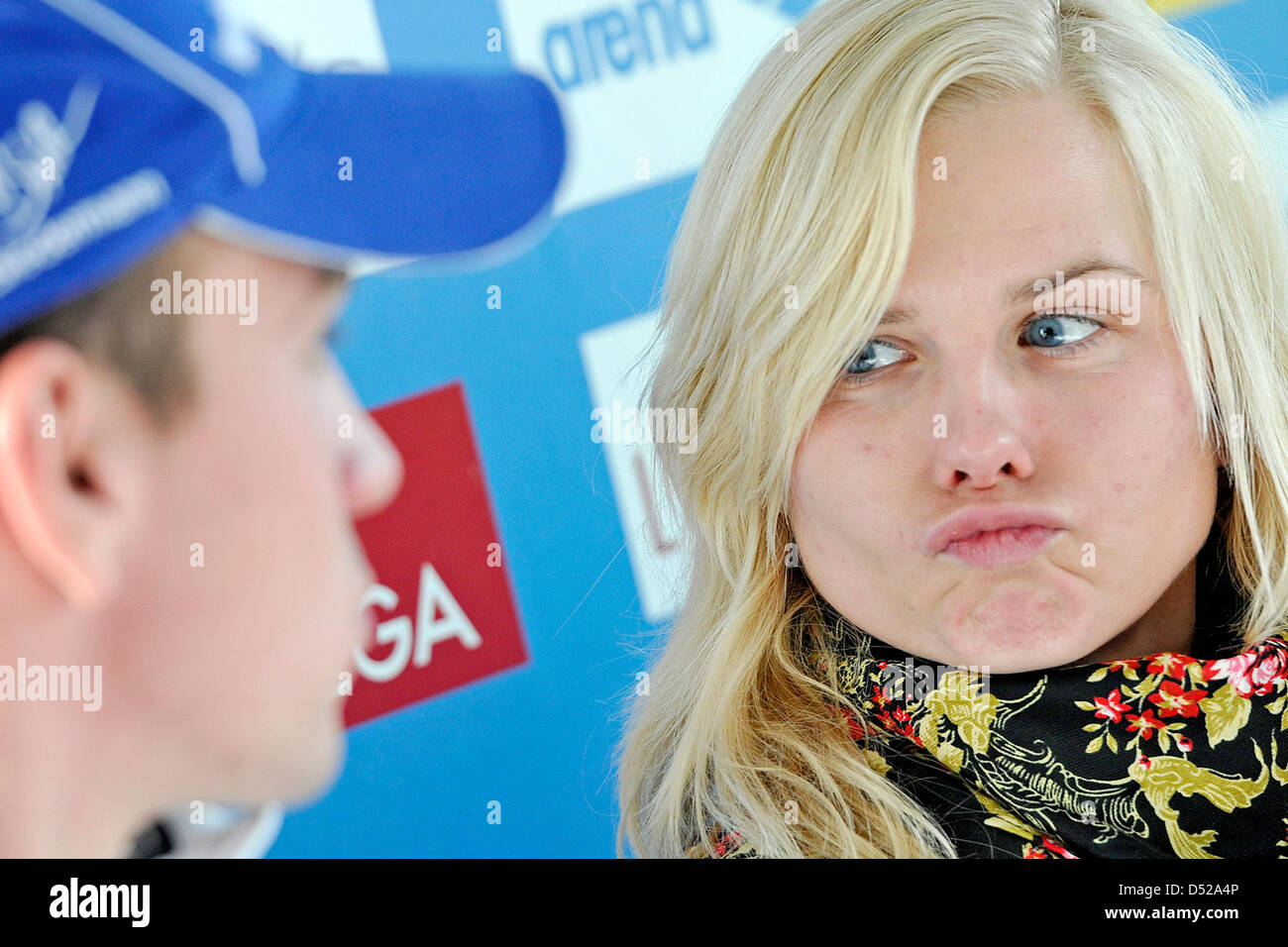 German swimming champions Britta Steffen (R) and Paul Biedermann (L) smile during a press conference on the FINA Short Course Swimming World Championships in Berlin, Germany, 29 October 2010. The Short Course World Champs are held on 30 and 31 November in Berlin. Photo: MARIUS BECKER Stock Photo