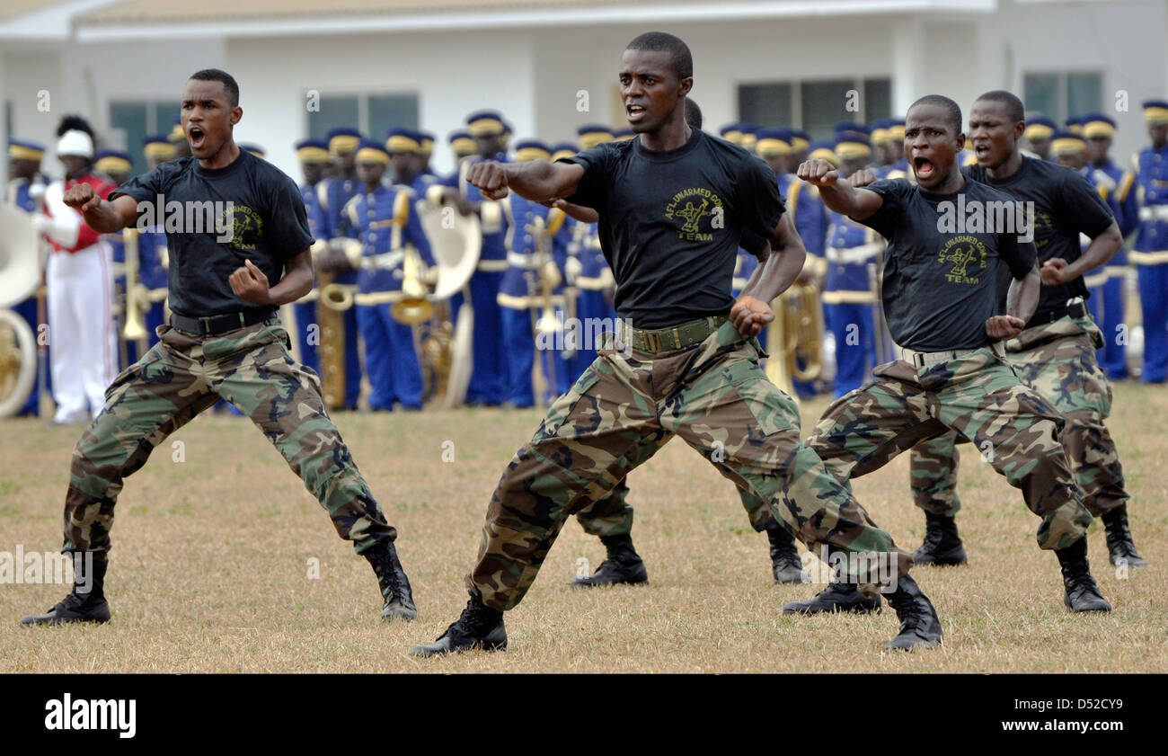 Members of the Armed Forces of Liberia's Unarmed Combat Team put on a skill demonstration during the 56th Armed Forces Day at the Armed Forces of Liberia's Barclay Training Center February 11, 2013 in Monrovia, Liberia. Stock Photo