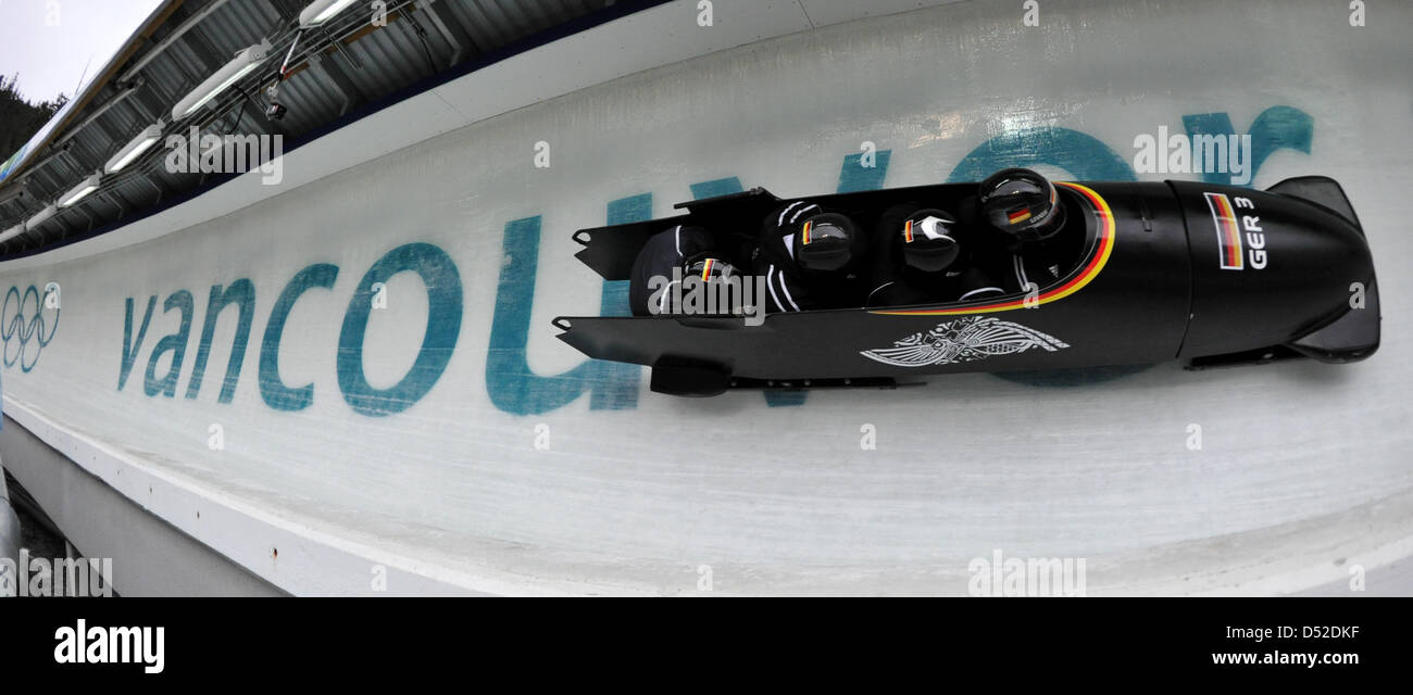 Karl Angerer of Germany 3 takes a curve during the Bobsleigh FourMan