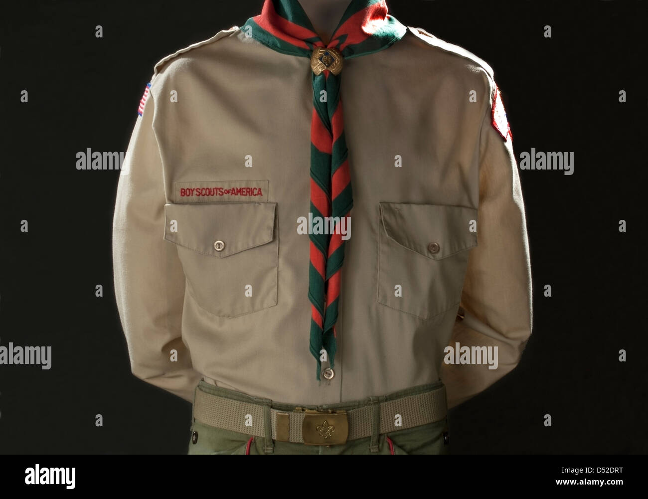 Classic Boy Scouts of America tan uniform with neckerchief and side. Stock Photo