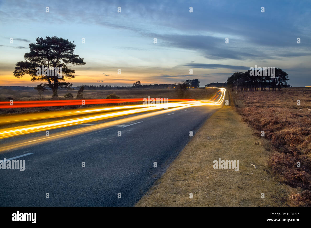 Traffic passing through the New Forest National Park at dusk in Hampshire Stock Photo