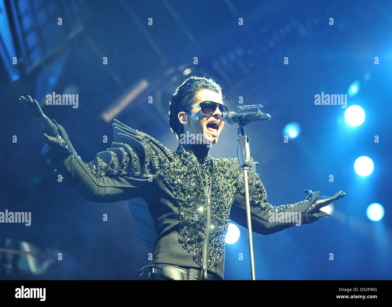 Bill Kaulitz, singer of the band 'Tokio Hotel', performs at Koenig Pilsener Arena stadium in Oberhausen, Germany, 26 February 2010. The first of two concerts in Germany takes place within the scope of a European tour. Photo. Joerg Carstensen Stock Photo