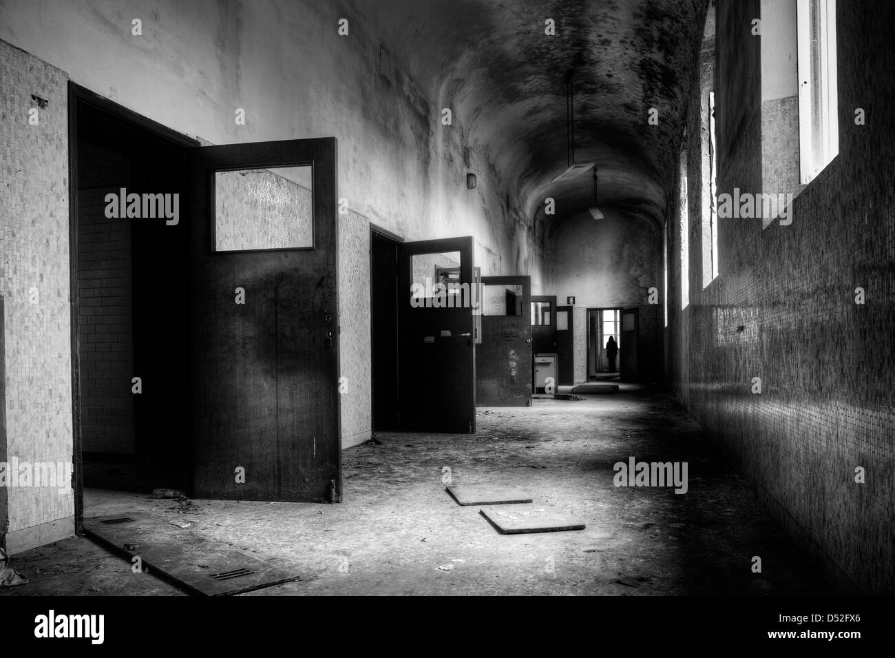 Abandoned psychiatric hospital corridor Stock Photo