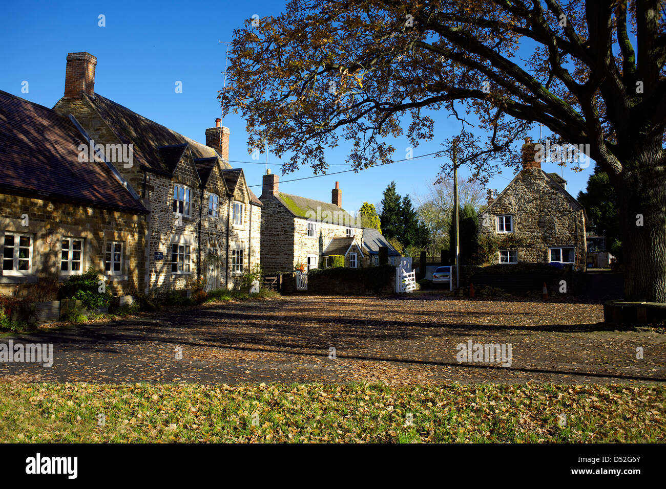 Autumn colours at Lower Heyford Oxfordshire England UK GB Lower Heyford village centre with its famous oak tree Stock Photo
