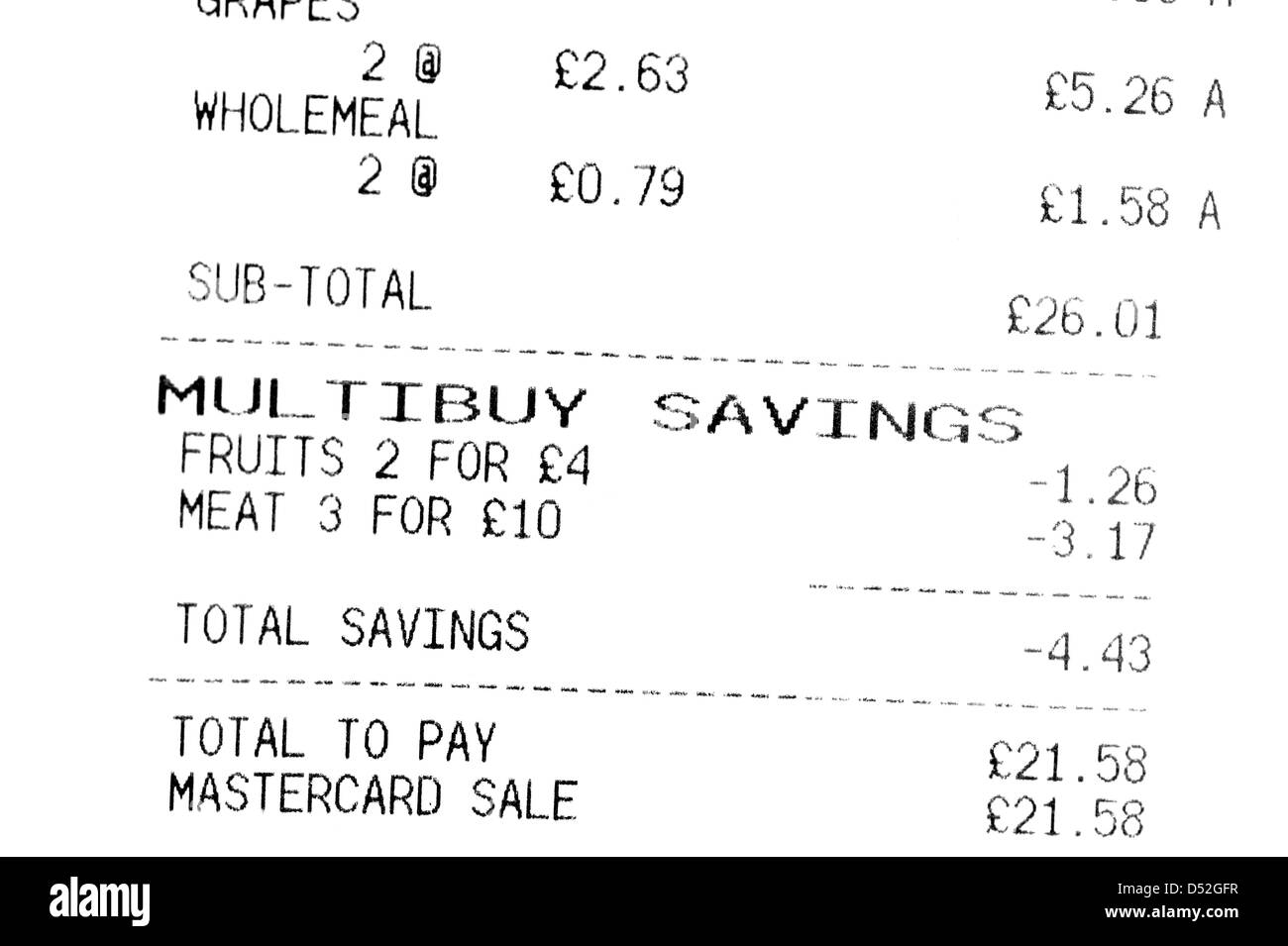 Supermarket shopping bill till receipt showing multi buy savings (important in the age of austerity) Stock Photo