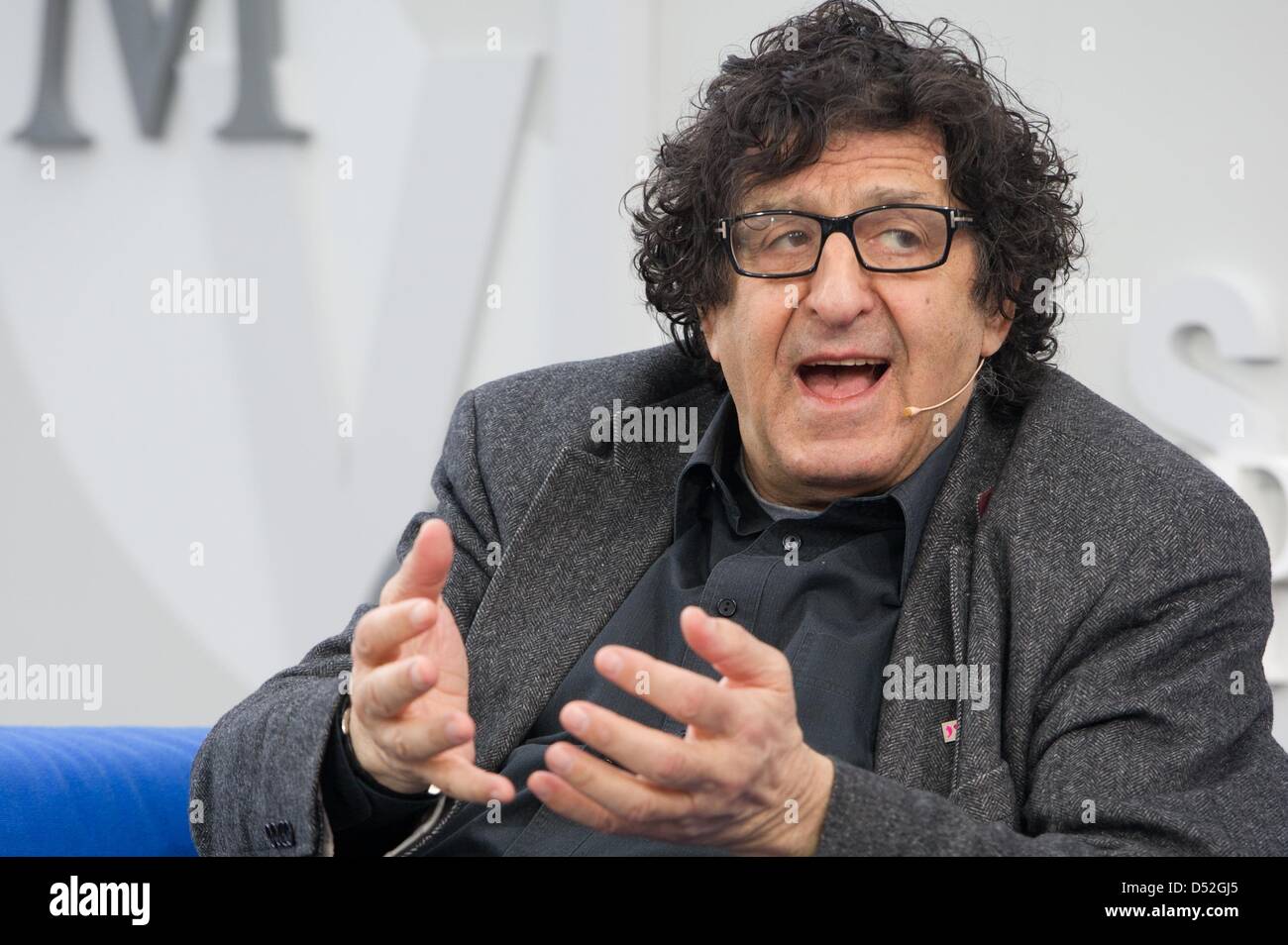 Austrian writer Robert Schindel sits on the Blue Sofa at the book fair in Leipzig, Germany, 15 March 2013. Photo: Marc Tirl Stock Photo
