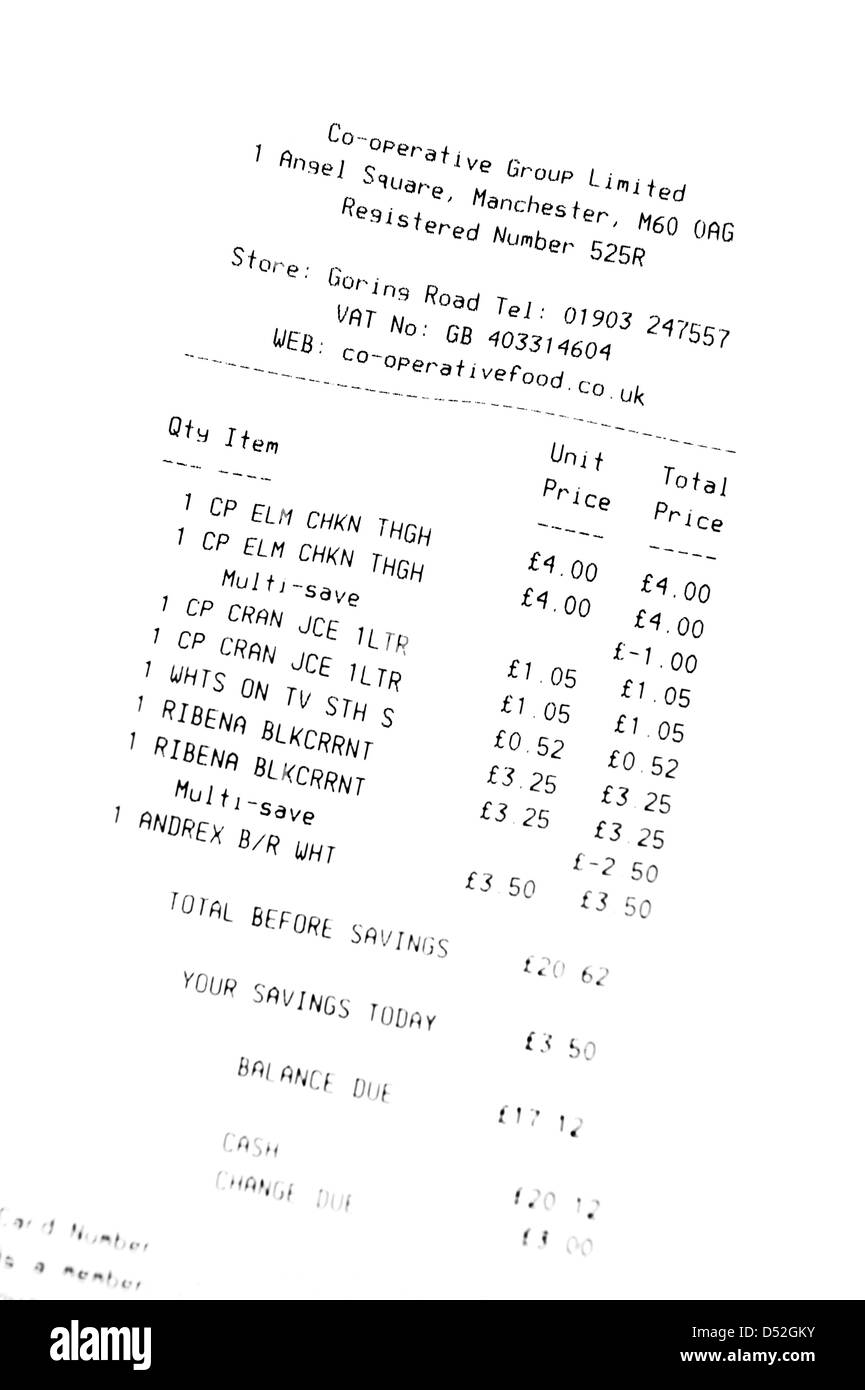Supermarket shopping bill till receipt showing multi buy savings (important in the age of austerity) Stock Photo