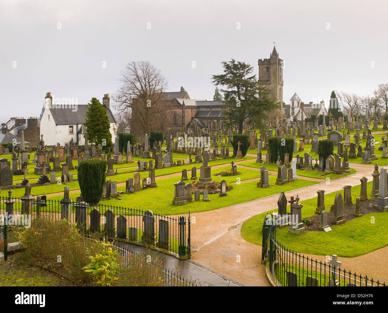 Scottish Cemetery in Stirling (Scotland). The photo is taken from the top of a hill and offers an overview of the place Stock Photo