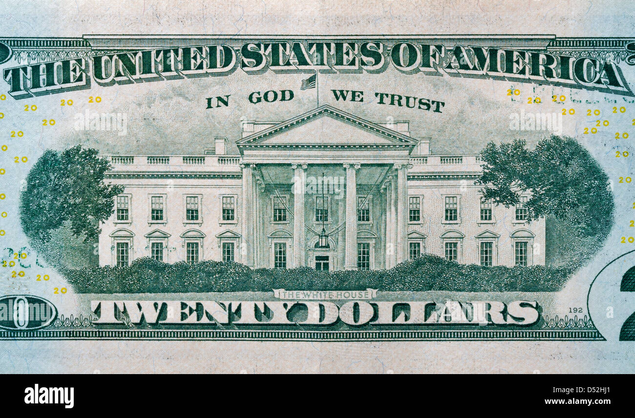 Back side of a 20 dollar bill with White House macro Stock Photo