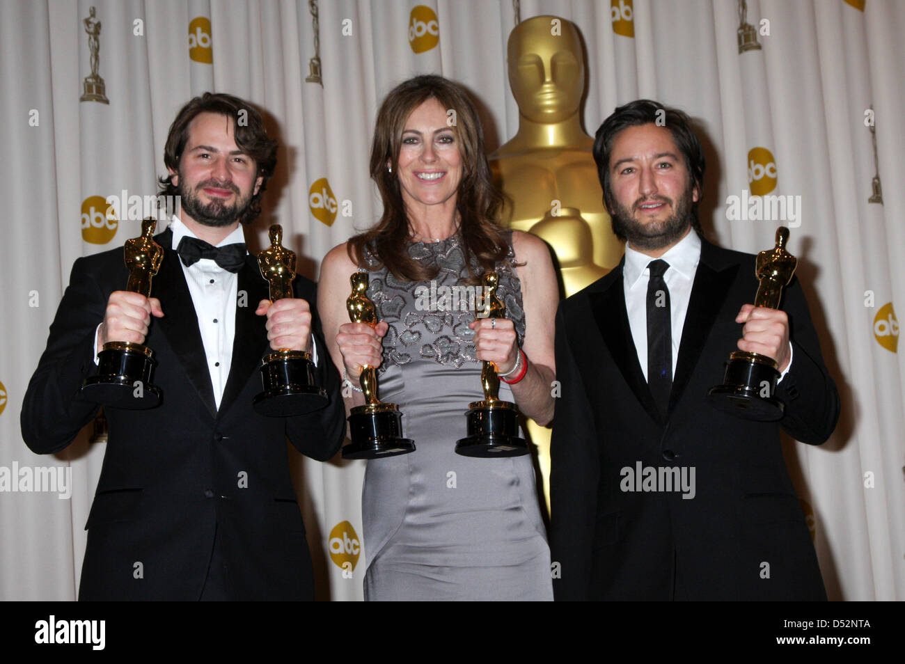 (L-R) Screenwriter Mark Boal, US director Kathryn Bigelow and producer Greg Shapiro hold their Oscars at the 82nd Annual Academy Awards at the Kodak Theater in Hollywood, USA, 07 March 2010. They won the Oscar for Best Picture with the movie 'The Hurt Locker'. The Oscars are awarded for outstanding individual or collective efforts in filmmaking in up to 25 categories. Photo: HUBERT Stock Photo