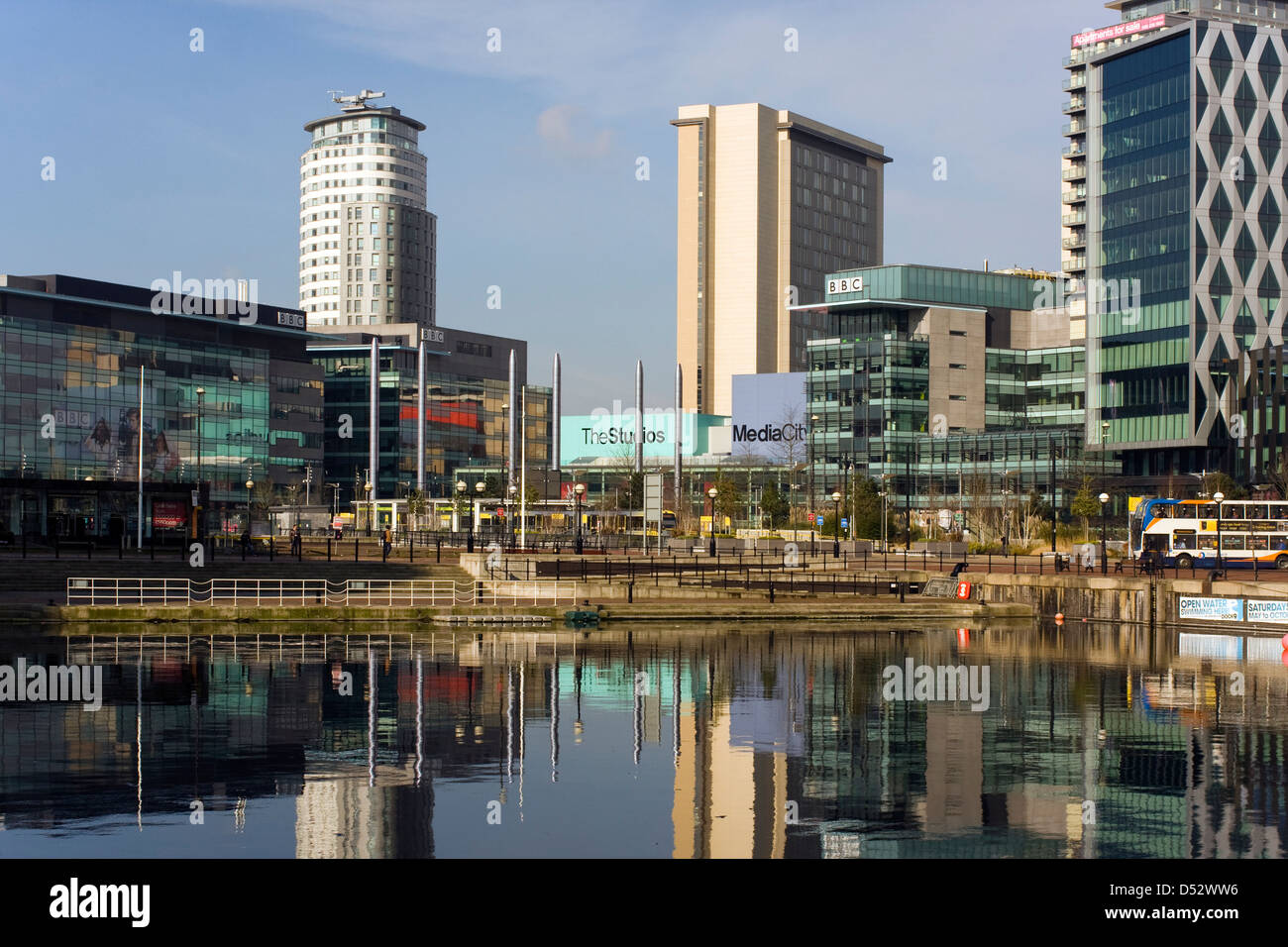 MediaCityUK, reflected in Canal basin Stock Photo