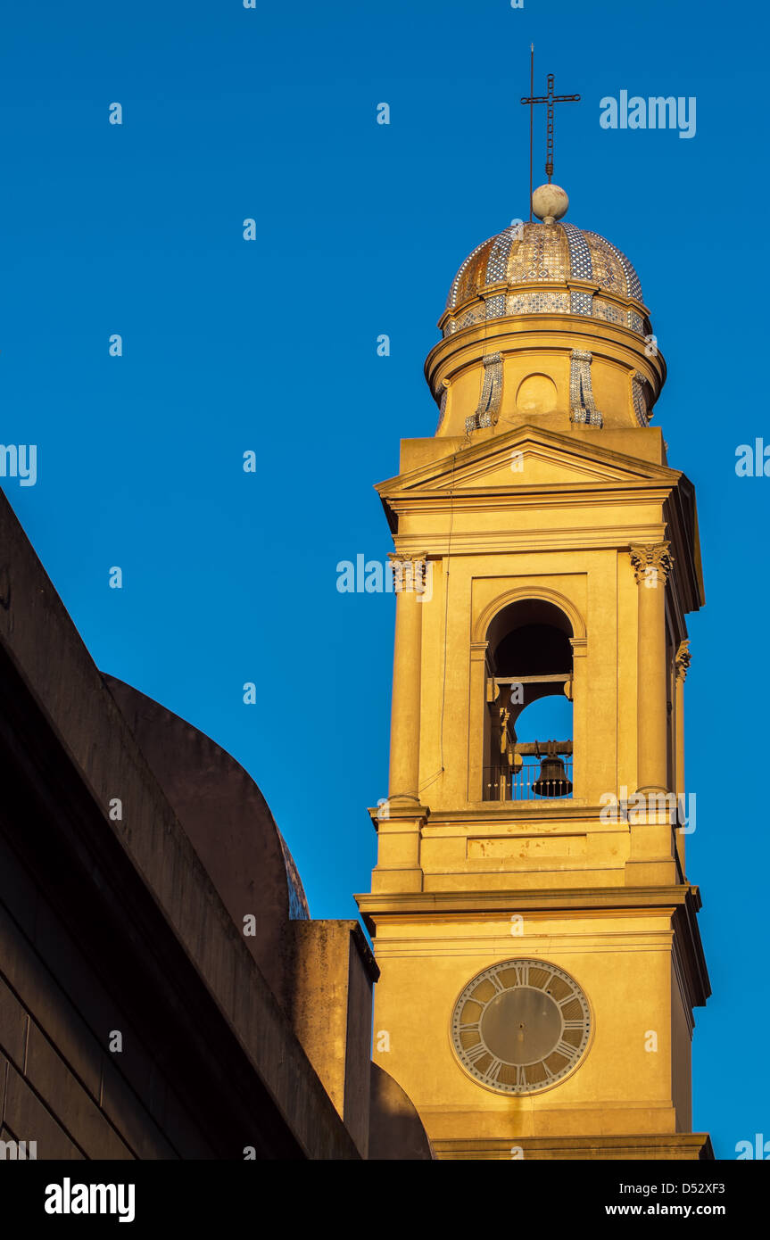 Steeple of beautiful yellow Catholic Church in Montevideo, Uruguay Stock Photo