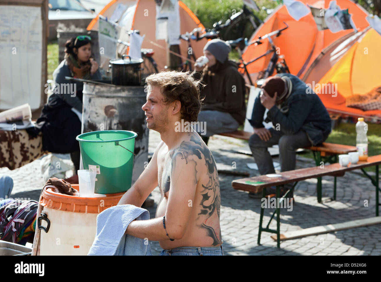 Frankfurt am Main, Germany, supporters of the Occupy movement demonstrate outside the ECB Stock Photo