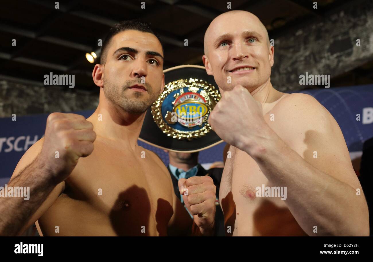 Magdeburg, Germany. 22nd March 2013. Current European boxing champion Lukas  Konecny (R) from Czech Republic and his challenger KArim Achour from France  pose during the official weigh-in in Magdeburg, Germany, 22 March