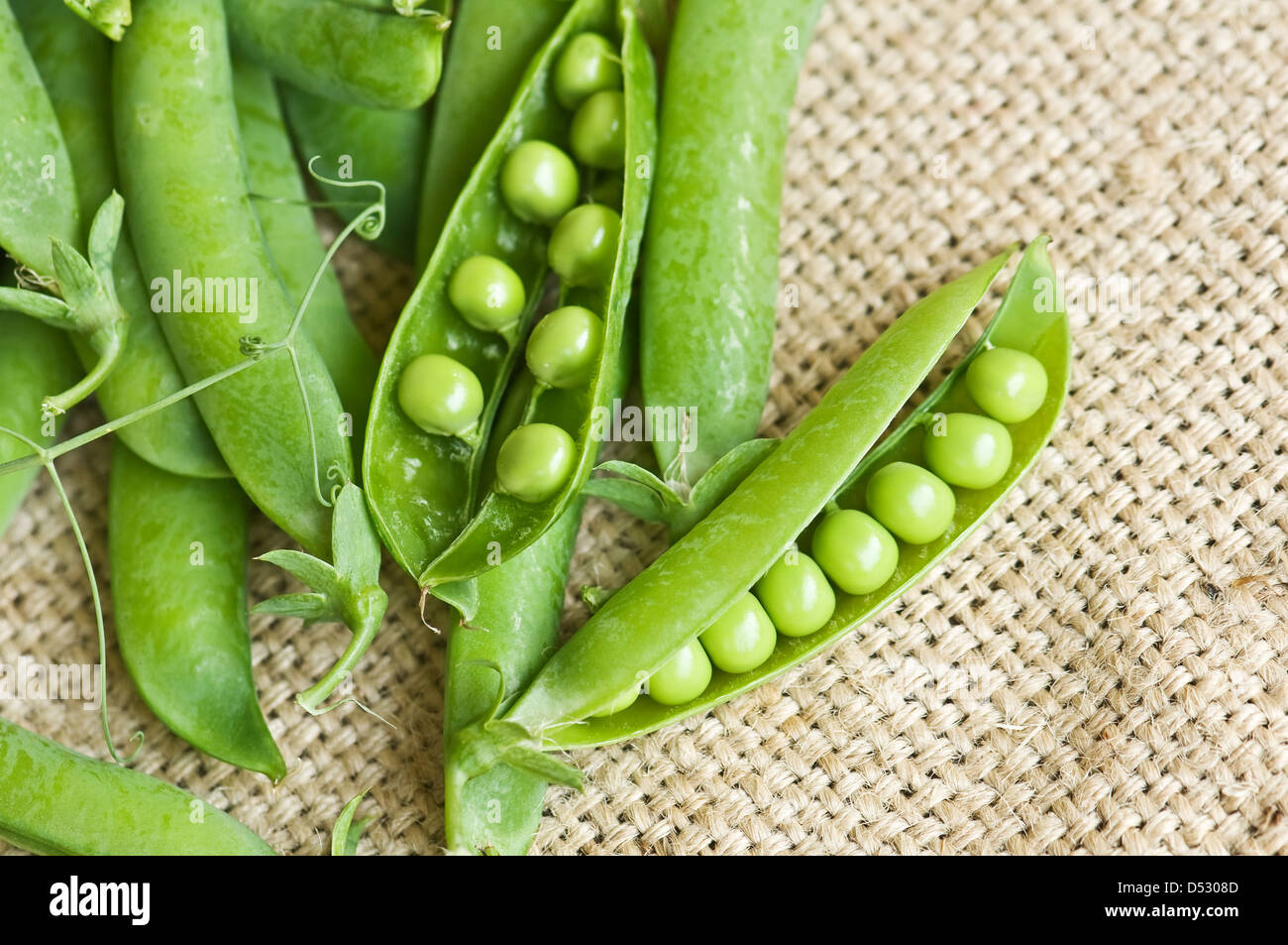 green pea on sack closeup Stock Photo