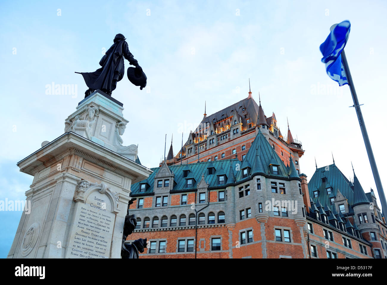 Chateau Frontenac with statue at dusk in Quebec City Stock Photo
