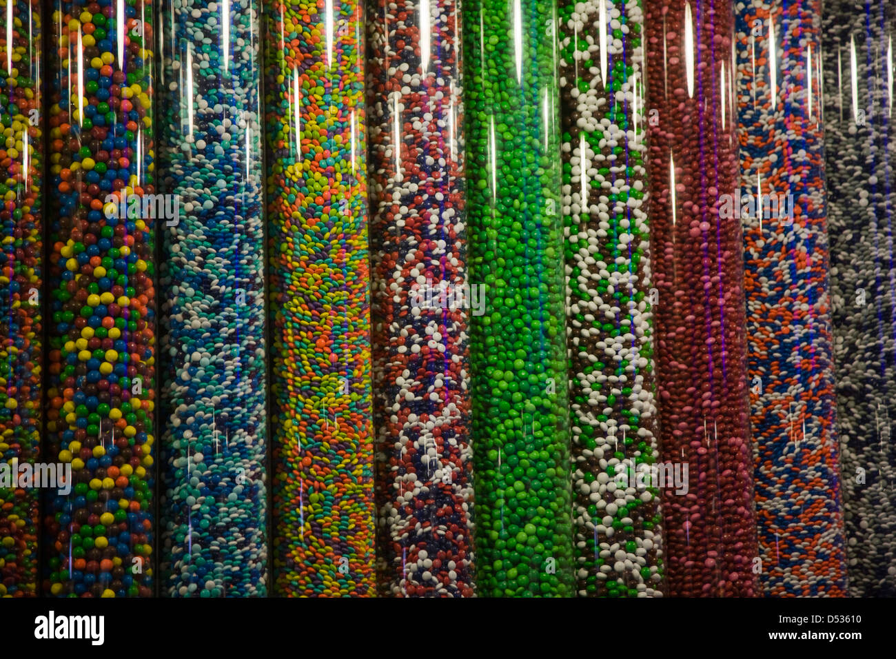 M&Ms sweets in plastic dispenser tubes in the M&M shop in New York Stock Photo