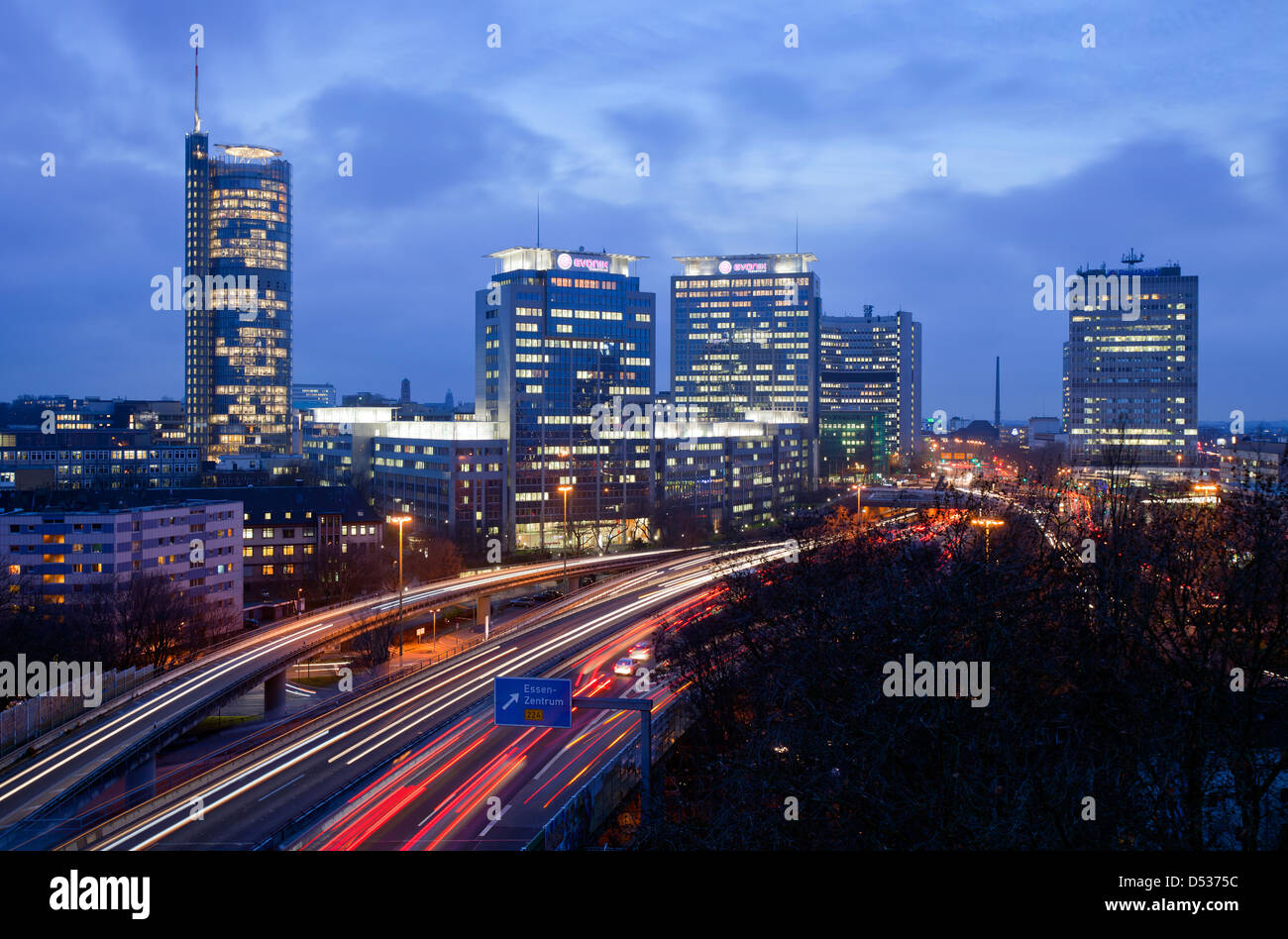 Essen, Germany, city panorama with the A40 motorway from the buildings of RWE and Evonik in Postbank Stock Photo