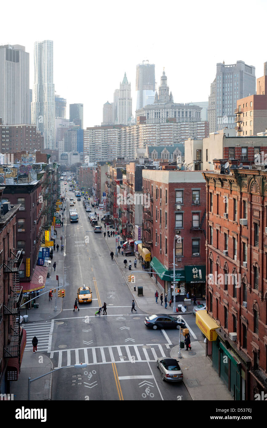 New York City, USA, road and houses in Two Bridges neighborhood in Manhattan Stock Photo