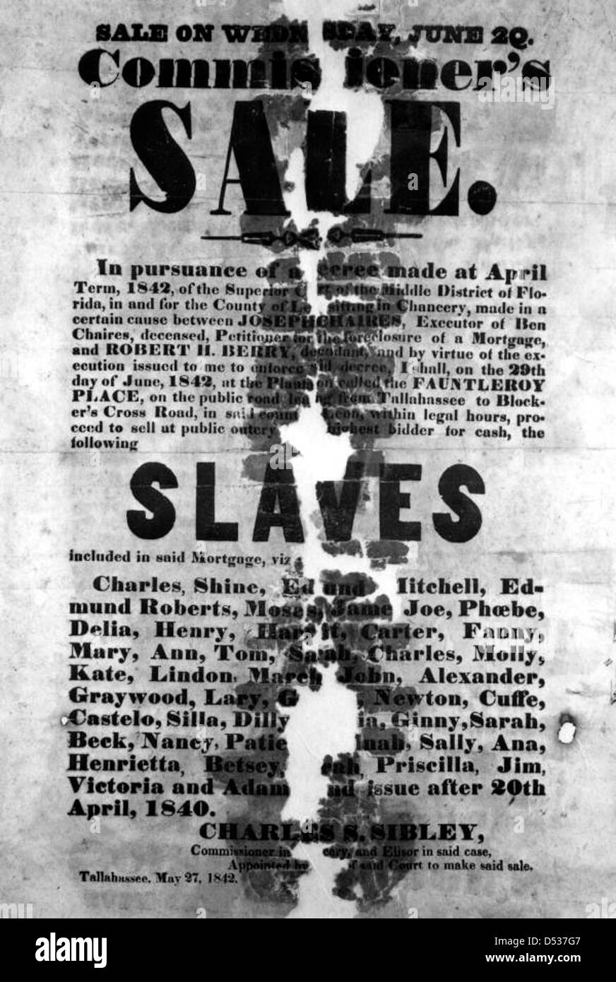 Advertisement of slave sale: Leon County, Florida Stock Photo