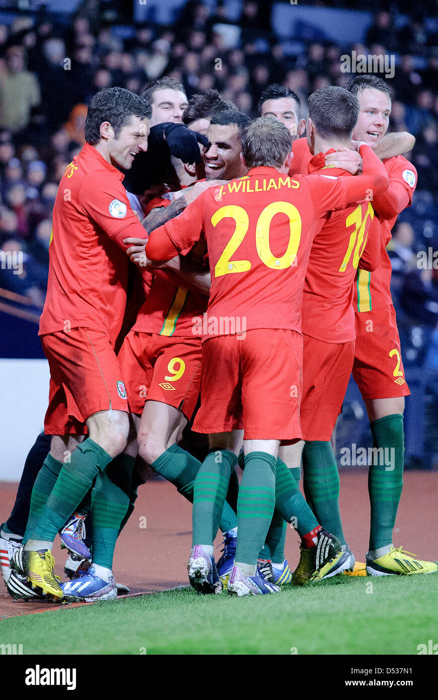 Glasgow, Scotland, UK. 22nd March 2013. Hal Robson-Kanu (9) celebrate's scoring the winner for Wales during the World Cup 2014 Group A Qualifing game between Scotland and Wales at Hampden Park Stadium. Credit: Colin Lunn / Alamy Live News Stock Photo
