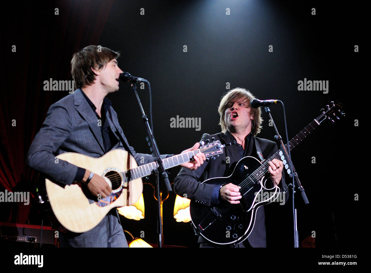 SANTANDER, SPAIN - JULY 22: Bjorn Dixgard (right) and Gustaf Norén (left), singers and guitarists of Mando Diao. Stock Photo