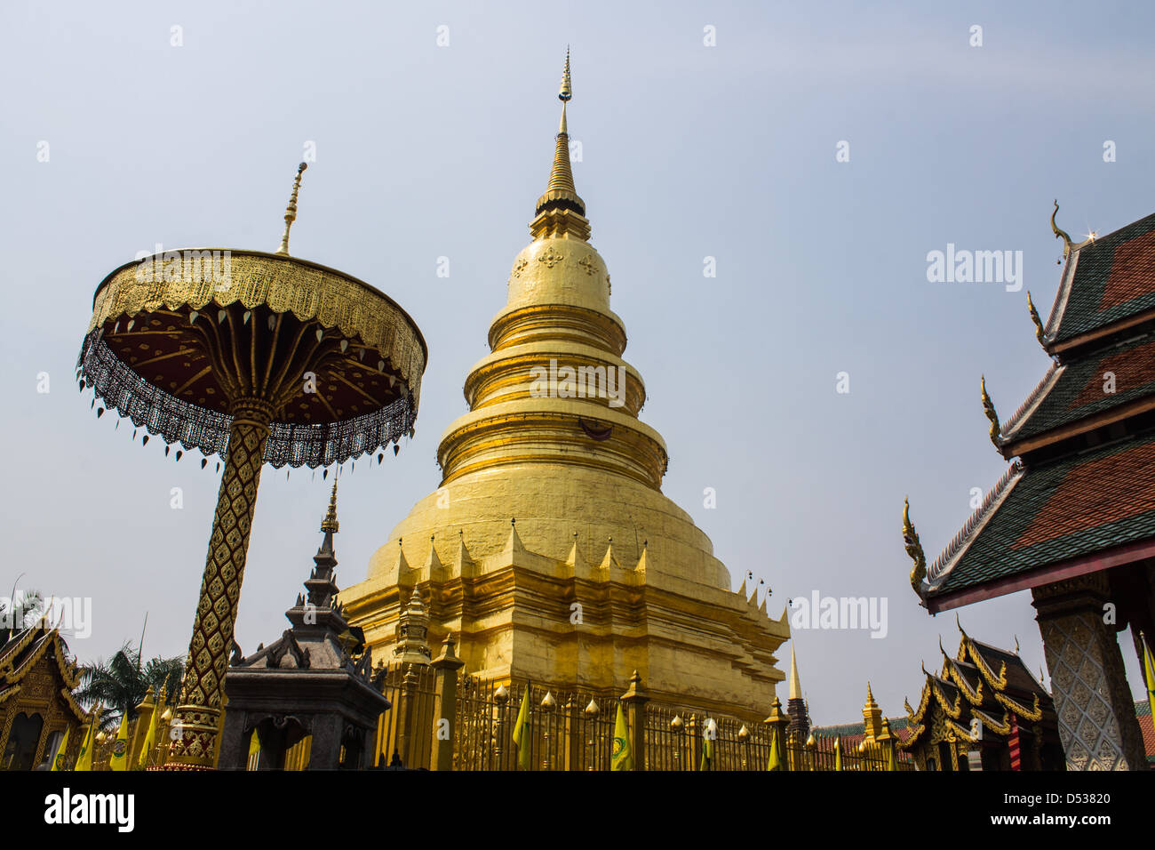 golden Chedi which is a major place of worship, Phra That Hariphunchai Stock Photo