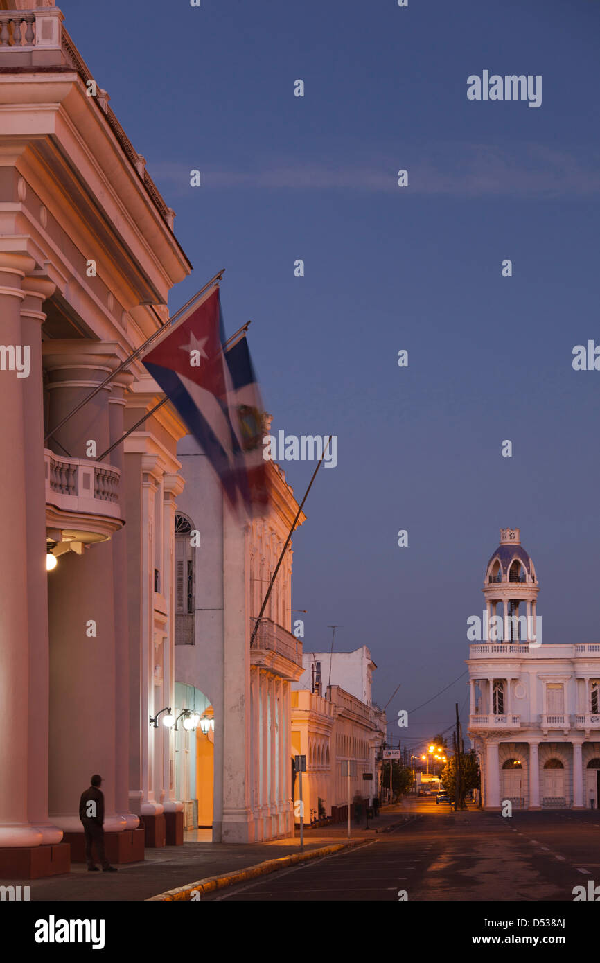 Cuba, Cienfuegos Province, Cienfuegos, Palacio de Gobierno, government house, and Casa de la Cultura Benjamin Duarte, dawn Stock Photo