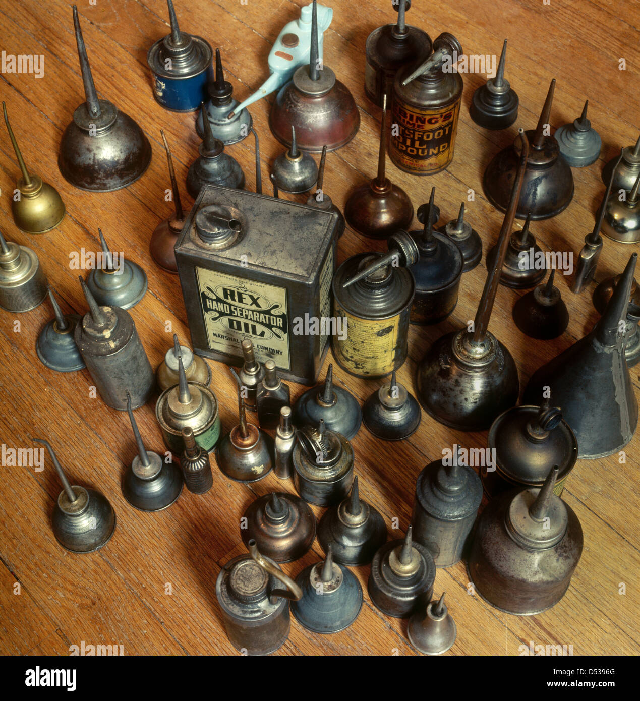 Collection of antique oil cans. Lincoln Nebraska NE USA Stock Photo