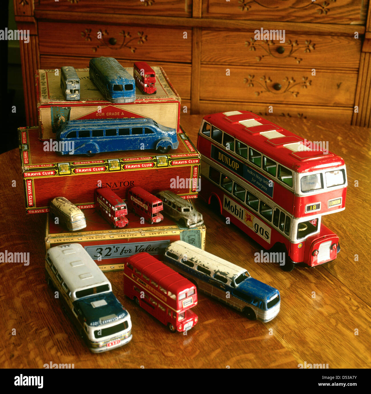 Collection of antique busses displayed on cigar boxes Lincoln Nebraska NE USA Stock Photo