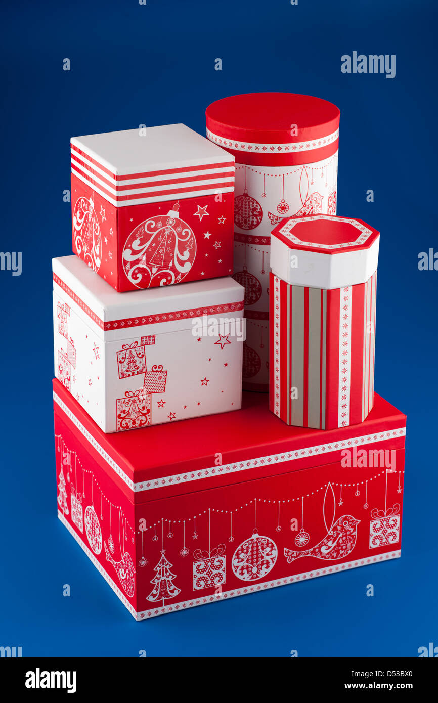 A stack of red and white xmas theme gift boxes Stock Photo