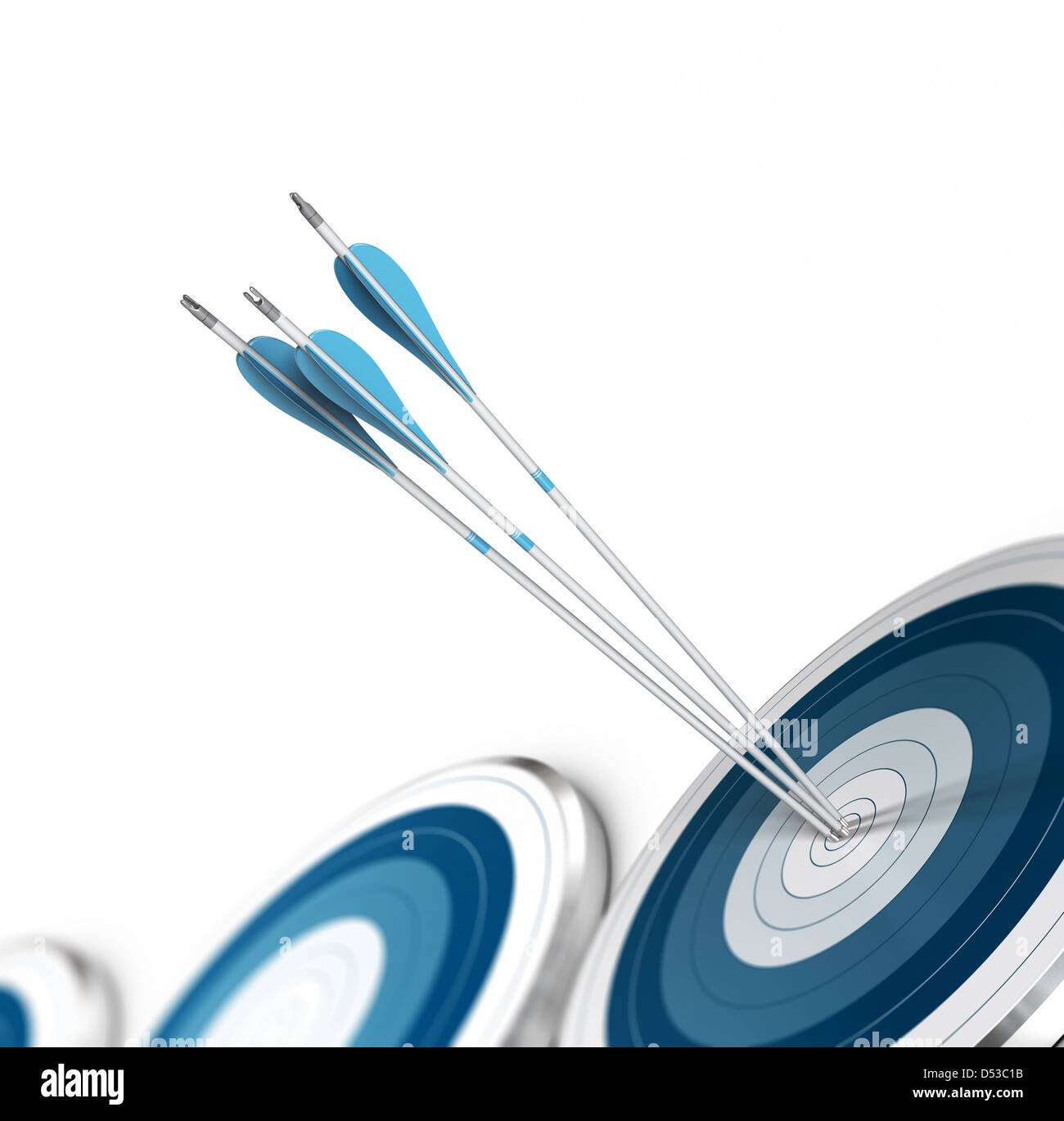 Three arrows hitting the center of one blue target with other targets in a row, image suitable for an angle of a page Stock Photo