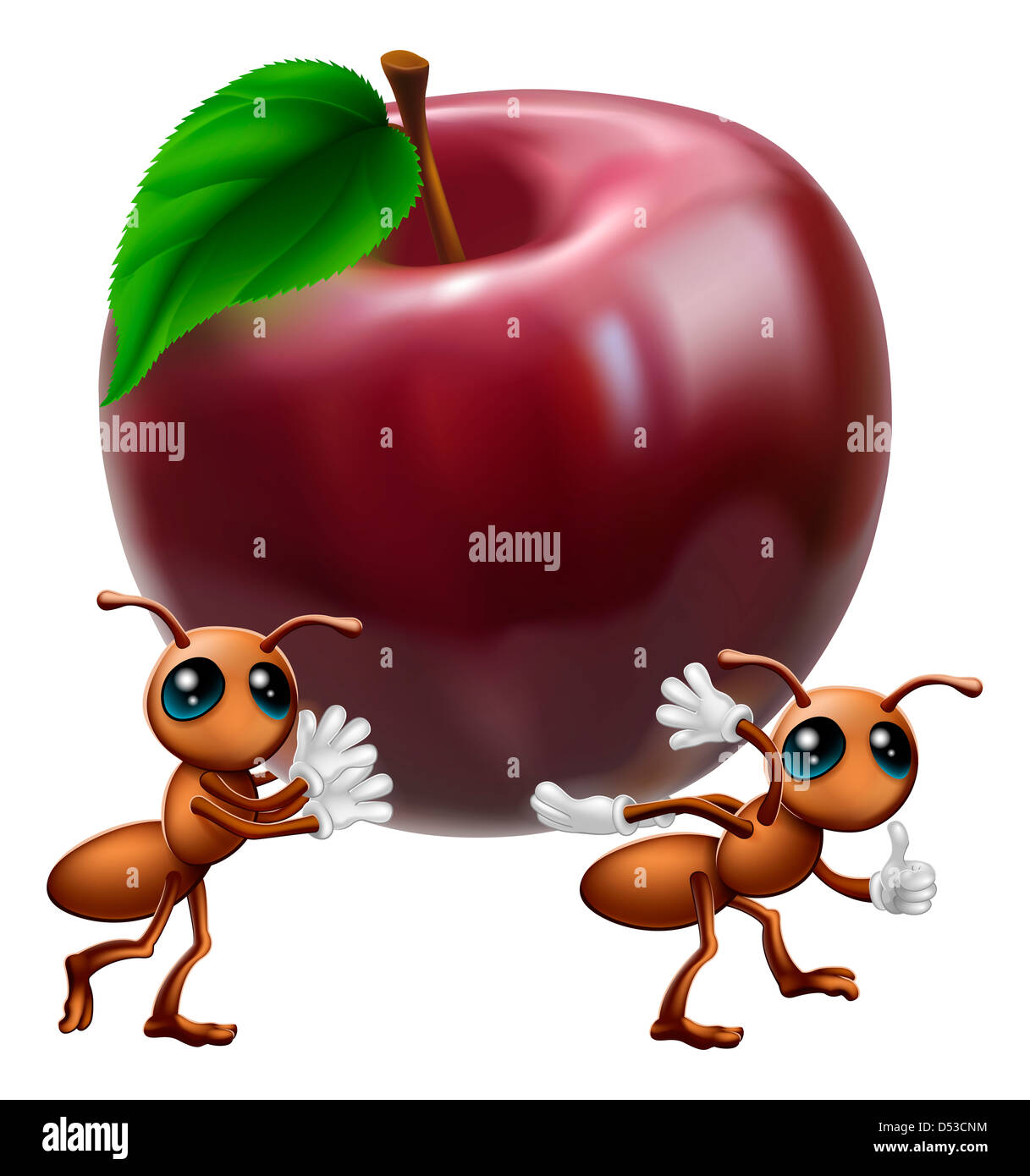 An illustration of two ant characters carrying a big apple. A conceptual  illustration for teamwork or helping each other Stock Photo - Alamy