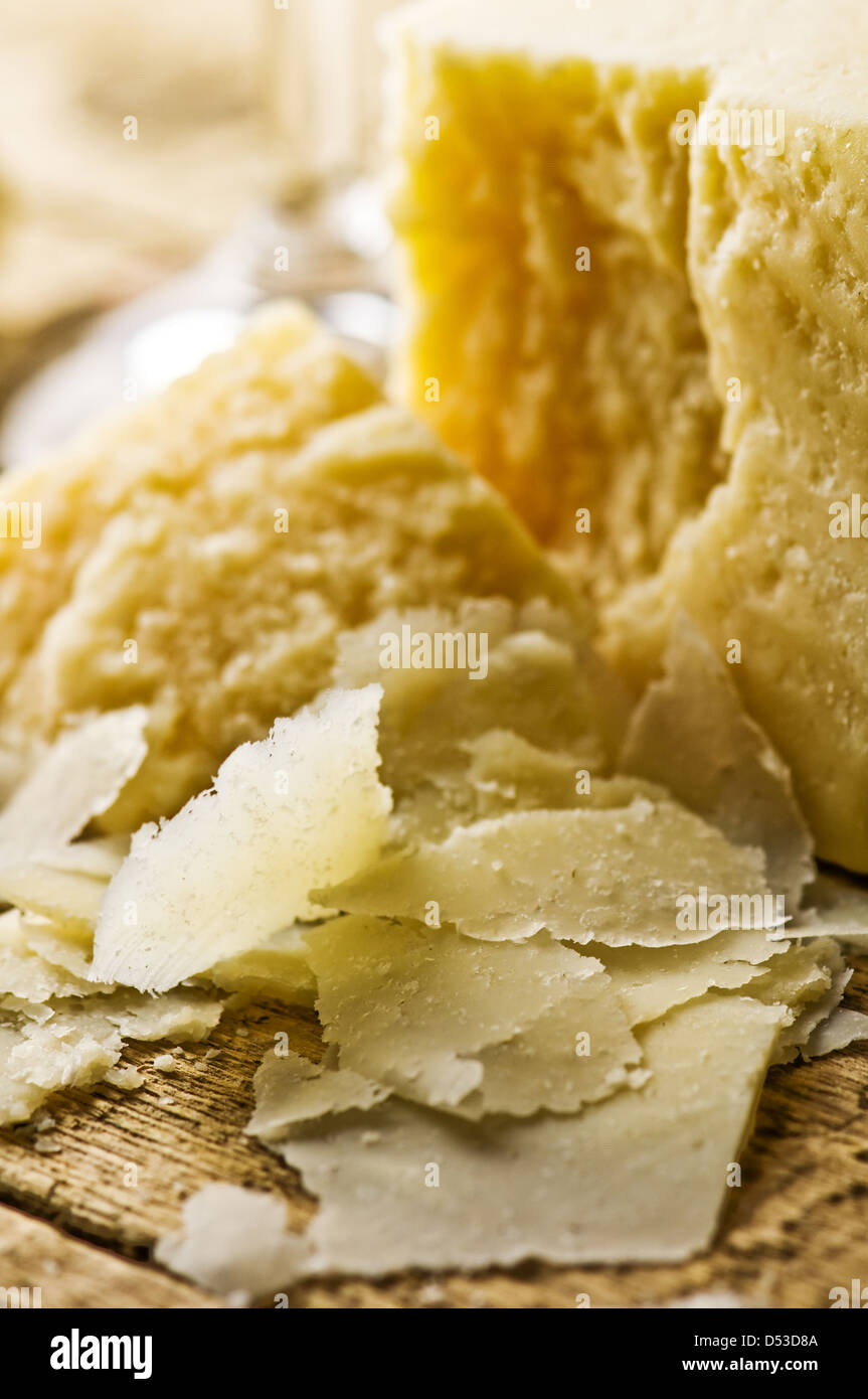parmesan on a wood table Stock Photo