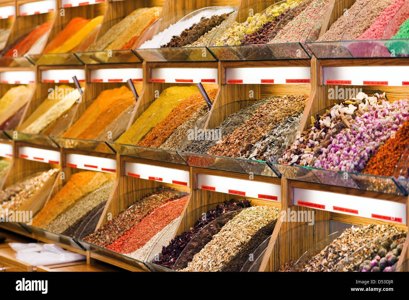 different spices and tea on market Stock Photo