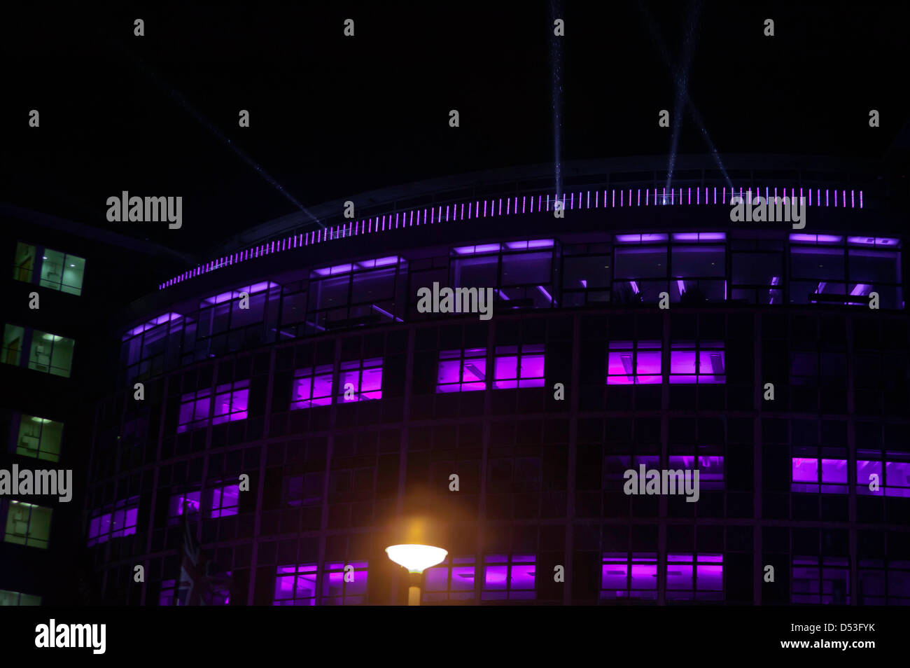 . BBC TV Centre illuminated  during the last live broadcast from this iconic building. Stock Photo