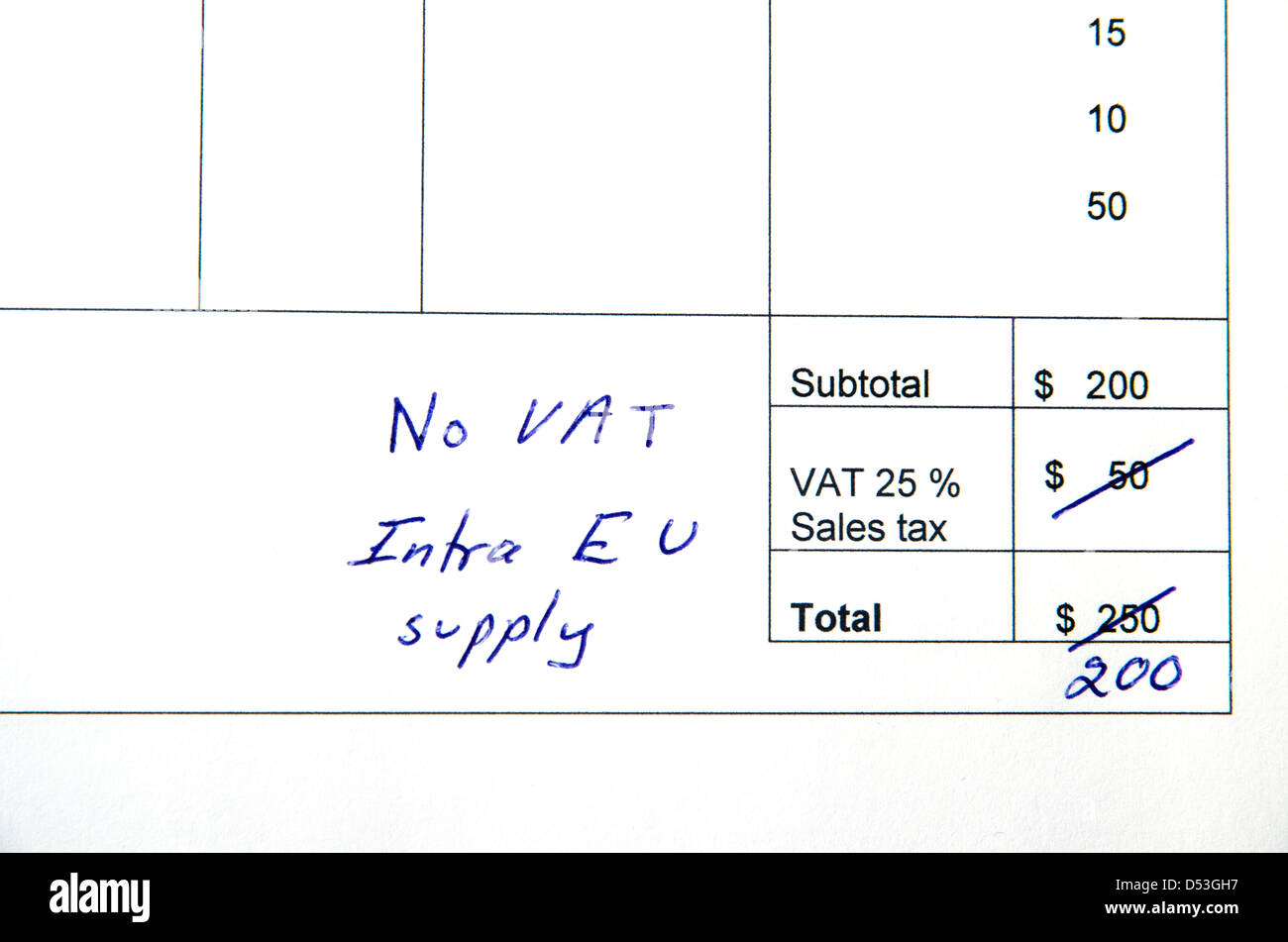 Detail from an invoice with the total amount changed because incorrect VAT, intra EU supply. Stock Photo