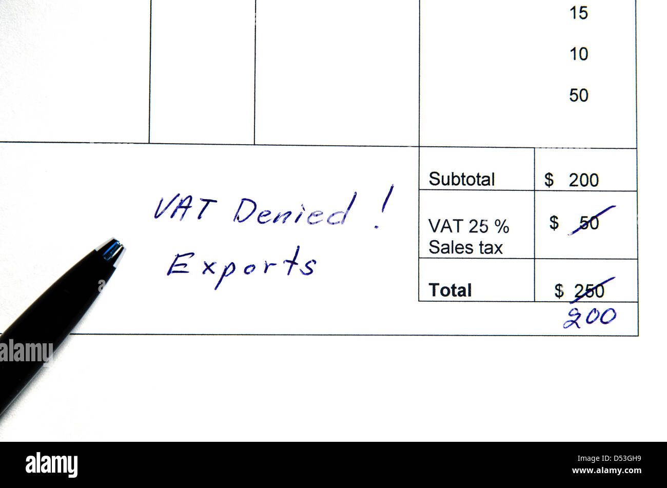 Detail from an invoice with the total amount changed because incorrect VAT, exports. Stock Photo