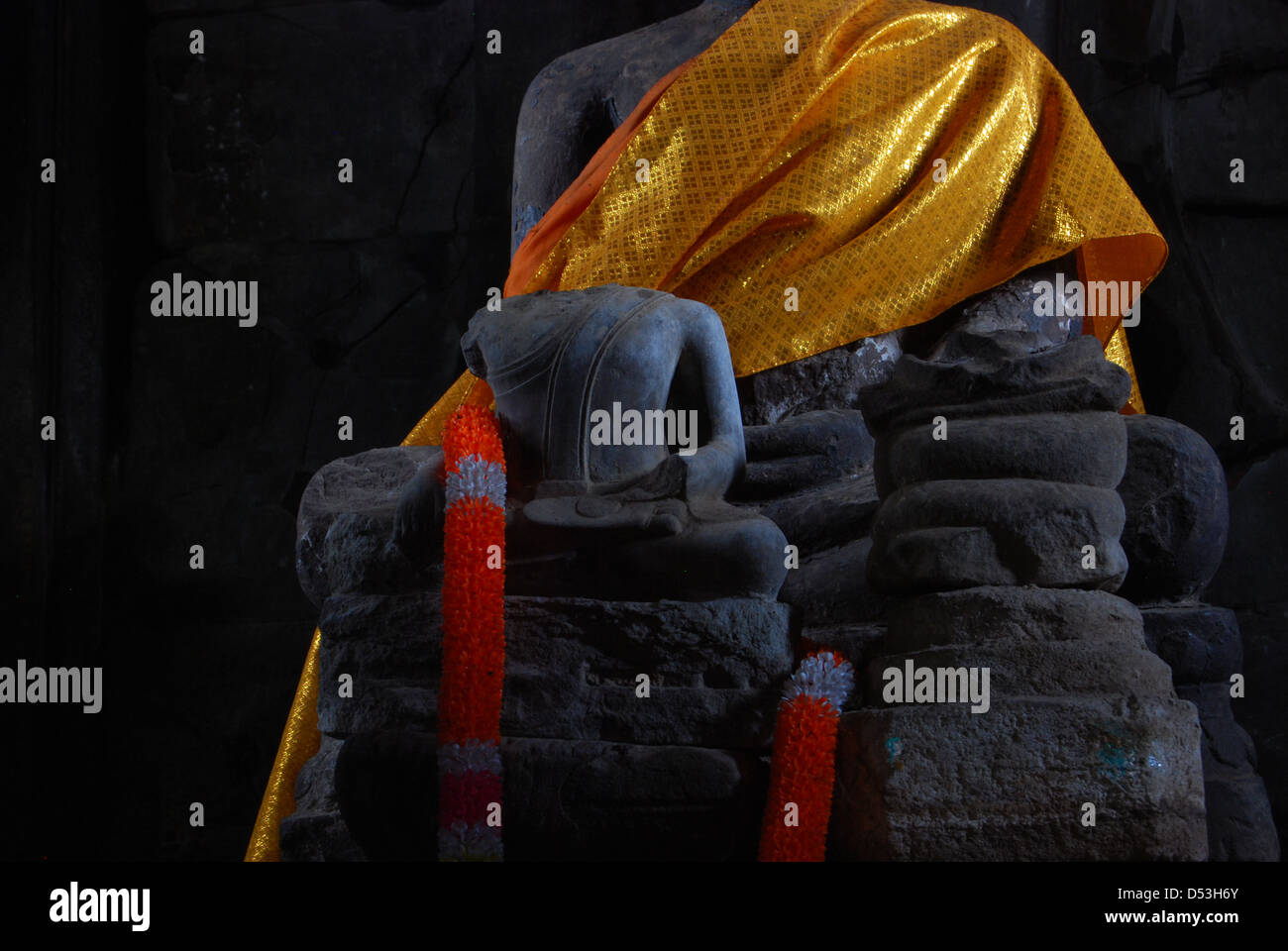 Buddha statue dressed with robes Ankor Wat Temple. Stock Photo