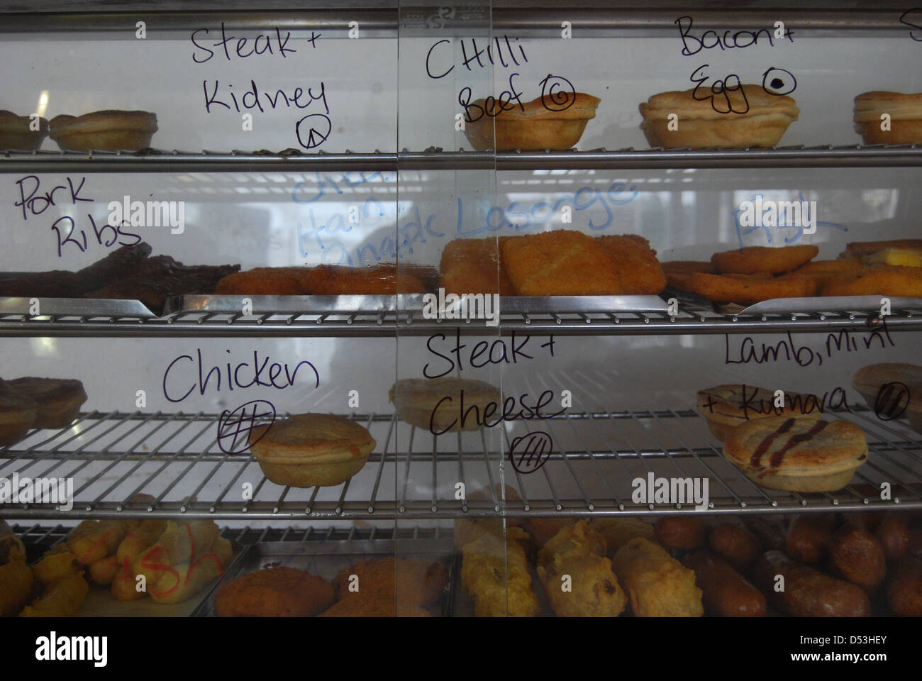 Hand made pies in a pie shop, New Zealand Stock Photo Alamy