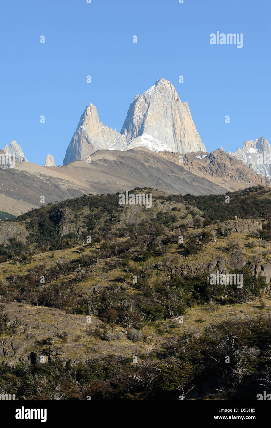Mountains visible from above the Mirador del Cerro Torre above El Chalten. T Stock Photo