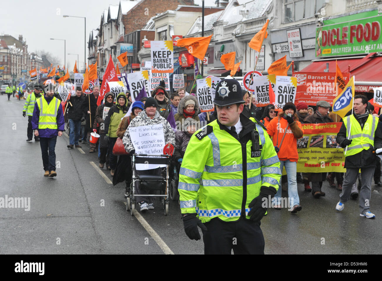Barnet, London, UK. 23rd March 2013. Protesters with banners and placards on the march against the privatisation of public services in Barnet. Protest march in Barnet against the privatisation of public services by Barnet Council. Credit:  Matthew Chattle / Alamy Live News Stock Photo