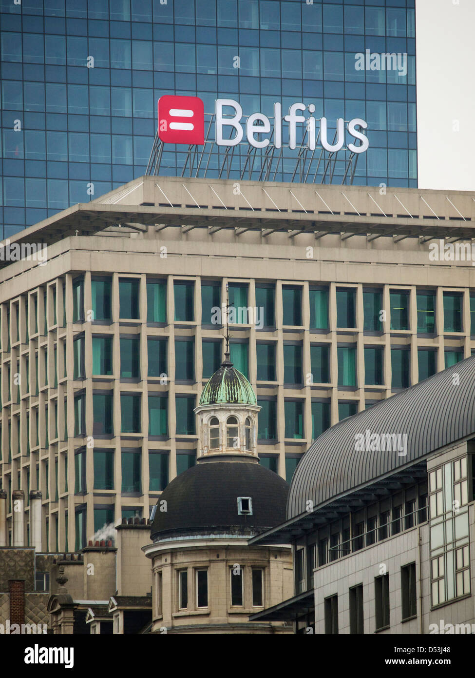 Large Belfius bank sign on top of a building in Brussels, Belgium. Stock Photo