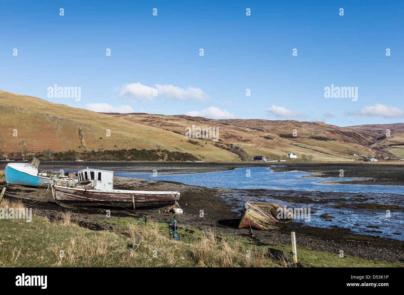 Beached boats at Loch Harport in Carbost on the Isle of Skye in Scotland. Stock Photo