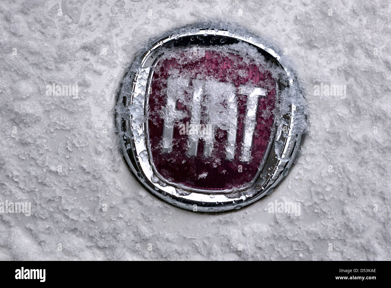 Fiat 500 badge in winter Stock Photo
