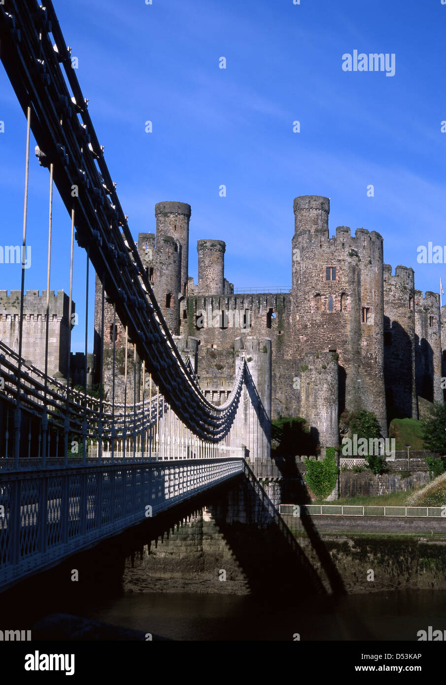 Conwy Castle in early morning with Telford's Suspension Bridge in left foreground Conwy County North Wales UK Stock Photo