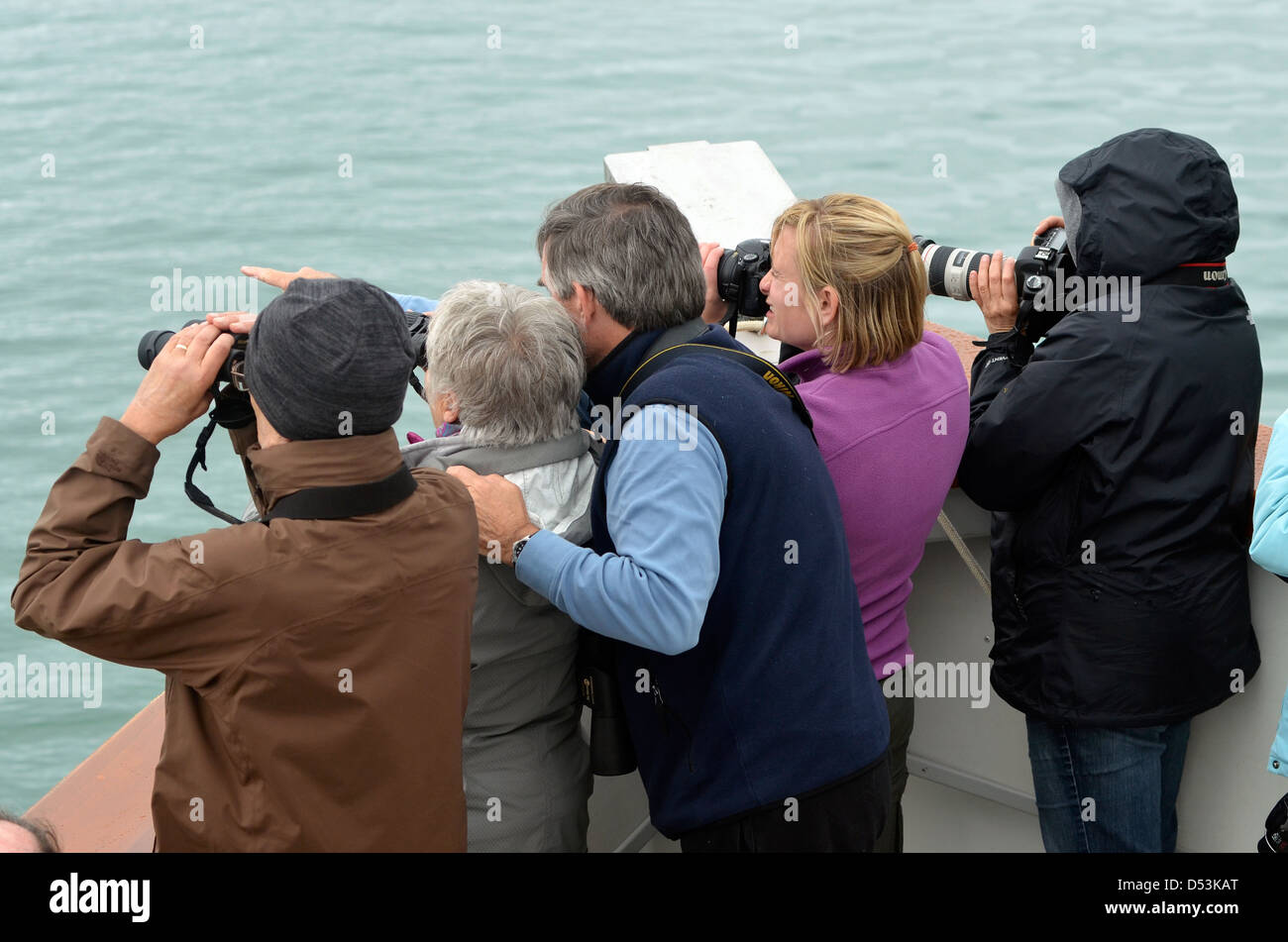 Group watching wildlife from the deck of a small tour boat in Glacier Bay, Alaska. Stock Photo