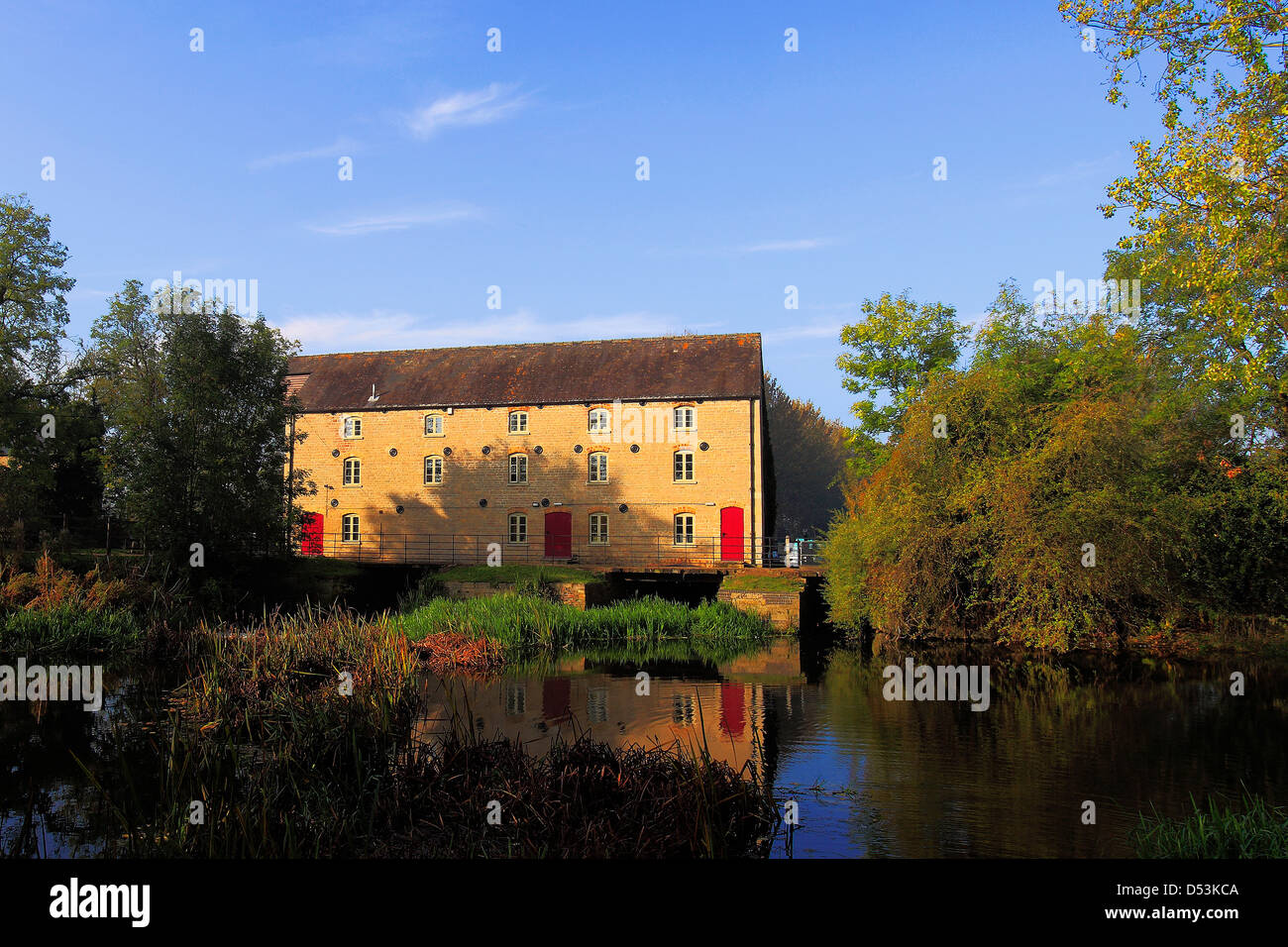 Watermill, river Nene, village of Warmington, Northamptonshire county