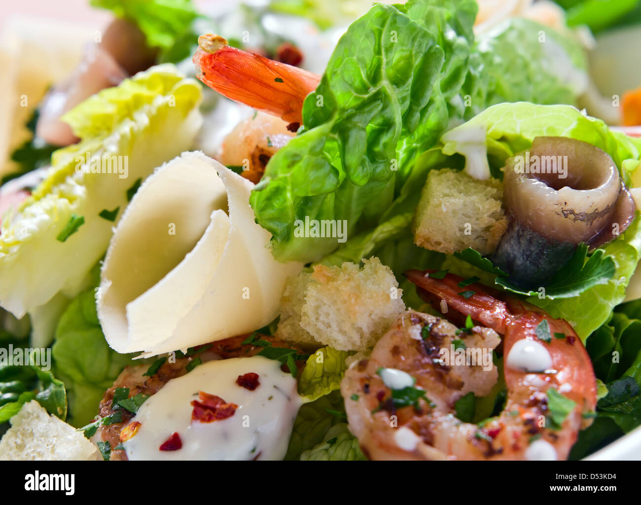 Prawn salad with cheese, anchovies and greens Stock Photo Alamy